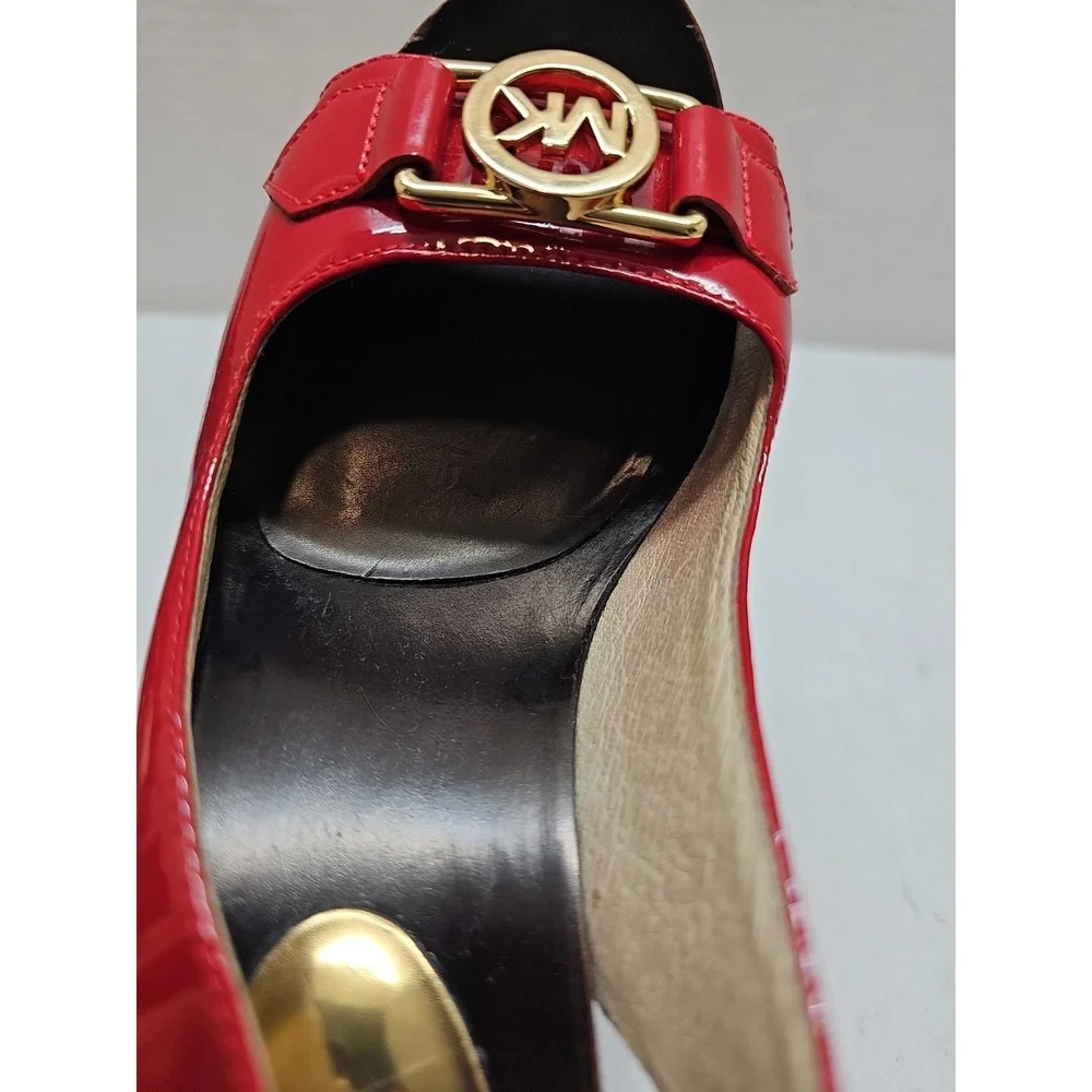 Michael Kors Red Patent Leather Platform Wedge Sandals Gold MK‎ Logo Studded 6M